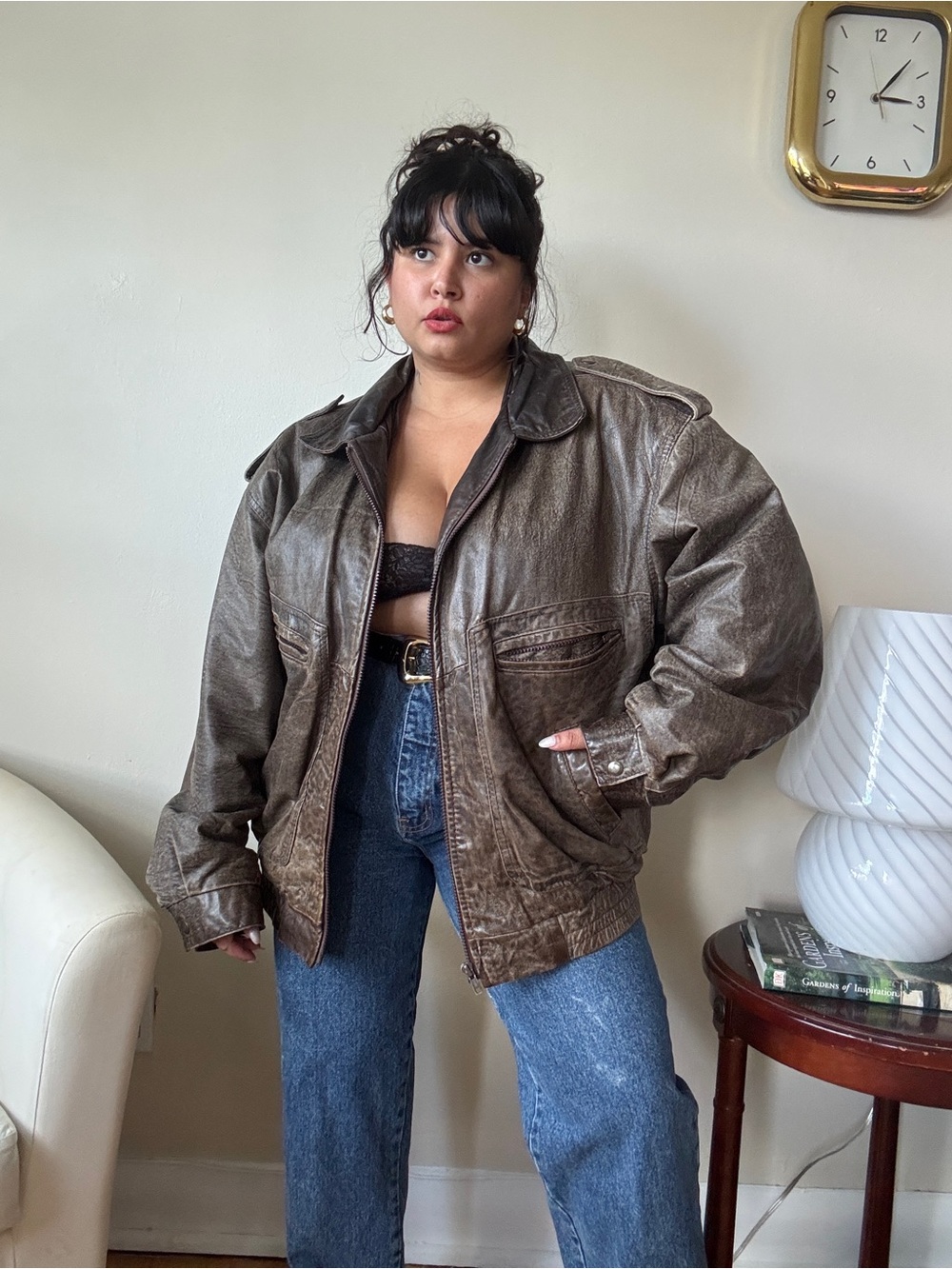Vintage-Inspired Brown Leather Bomber Jacket - Women's